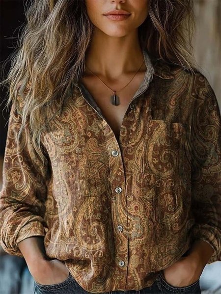 

Paisley Shawl Collar Loose Casual Shirt, As picture, Blouses & Shirts