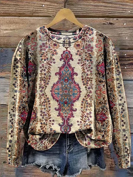 

Ladies vintage cute floral art print casual Sweashirt, Khaki, Hoodies&Sweatshirts