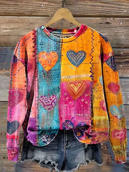 

Women's Crew Neck Heart/Cordate Printing Casual Spring/Fall Long Sleeve Sweatshirt, As picture, Sweatshirts & Hoodies