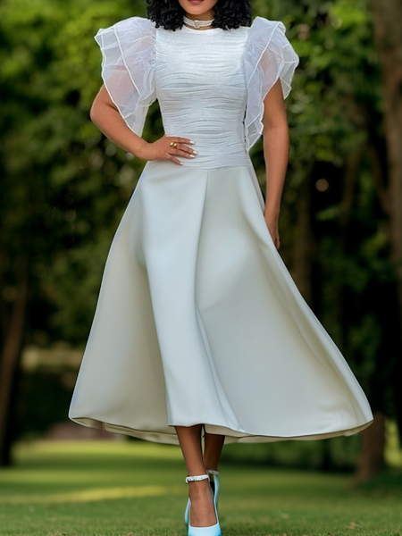 Elegant Plain Ruffle Sleeve Crew Neck Maxi Party Dress, Off white, Maxi Dresses