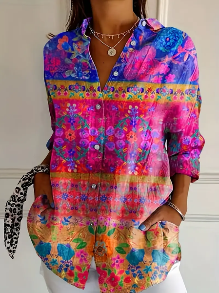 

Women's Long Sleeve Shirt Spring/Fall Floral Buckle Shirt Collar Daily Going Out Casual Top, As picture, Shirts