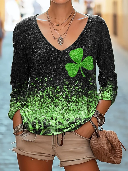 

Ladies St. Patrick's Day leopard-print Clover Art Print casual V-neck long sleeve T-shirt, Green, Long sleeves