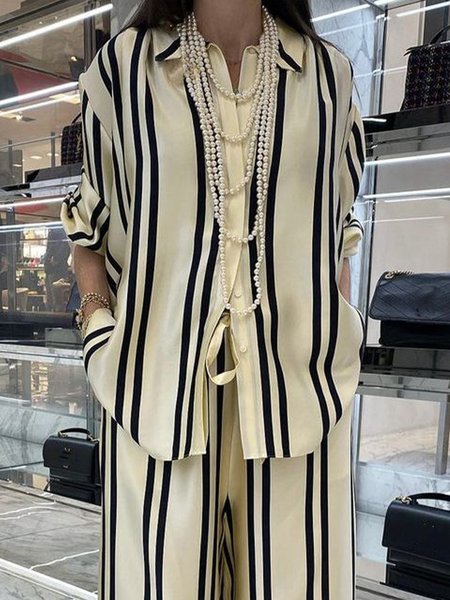 Casual Striped Printing Shirt Collar Shirt, Apricot, Blouses and Shirts