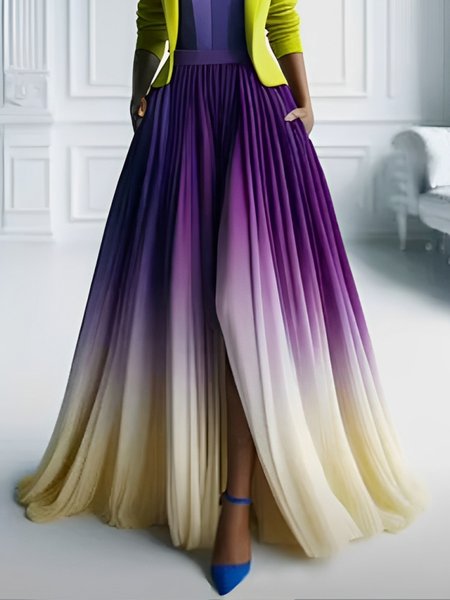 Elegant Printing Gradient Pattern Loosen Maxi Skirt, Purple, Skirts