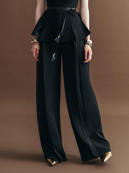 Elegant Plain Wide Leg Pants, Black, Pants