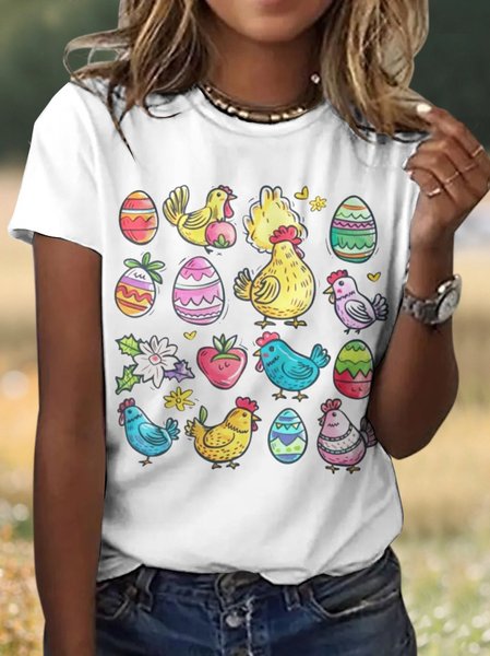 Casual Easter Eggs Animal Crew Neck Short Sleeve T-shirt, White, T-shirts