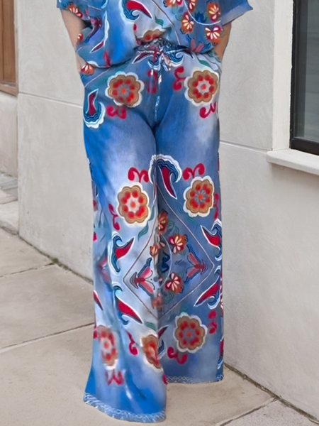 Casual Denim Print Graphic Wide Leg Pants, Blue, Pants
