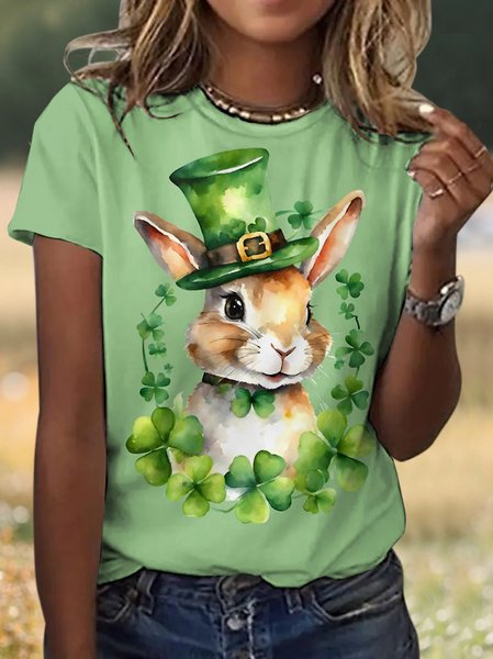 Casual St. Patrick's Day Animal Crew Neck Short Sleeve T-shirt, Lightgreen, T-shirts