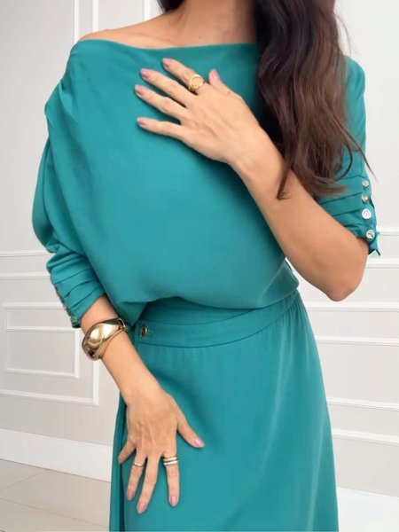 

Urban Plain Buttoned Boat Neck Raglan Sleeve Blouse, Blue, Blouses and Shirts