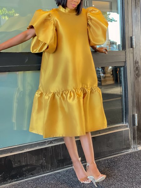 

Elegant Loosen Puff Sleeve Stand Collar Midi Dress, Yellow, Midi Dresses