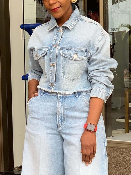 Casual Plain Shirt Collar Denim Shirt, Light blue, Blouses and Shirts