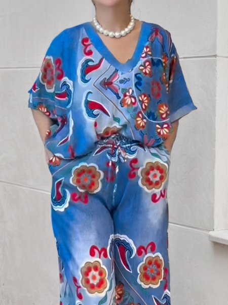 

Casual Denim Print Graphic Floral V Neck Raglan Sleeve Blouse, Blue, Blouses and Shirts