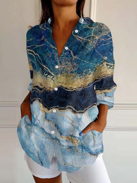 

Multicolor Block Casual Shawl Collar Linen Blend Shirt, As picture, Blouses