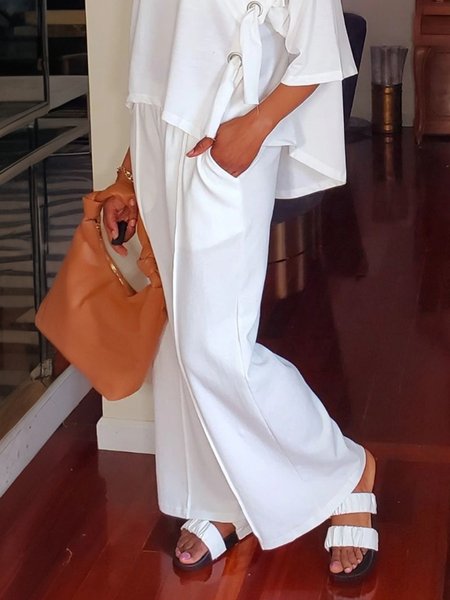 Casual Plain Wide Leg Pants, White, Pants