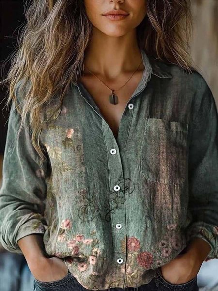 

Loose Ethnic Vintage Shawl Collar Shirt, As picture, Blouses