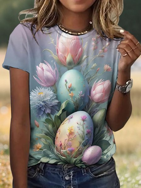 

Casual Easter Eggs Floral Crew Neck Short Sleeve T-shirt, Light purple, T-shirts
