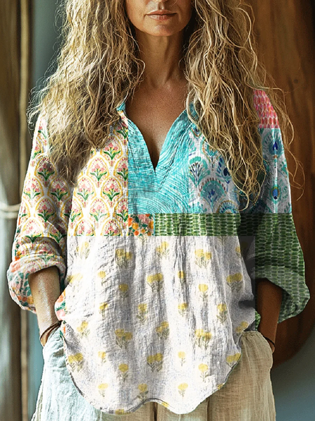 

V Neck Long Sleeve Ombre Regular Loose Shirt For Women, Apricot, Shirts