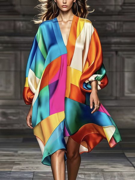 Urban Color Block Balloon Sleeve Midi Dress, As picture, Midi Dresses