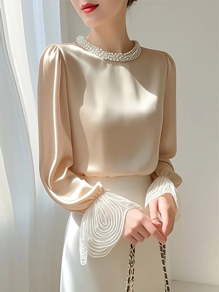 Elegant Plain Crew Neck Blouse, As picture, Blouses and Shirts
