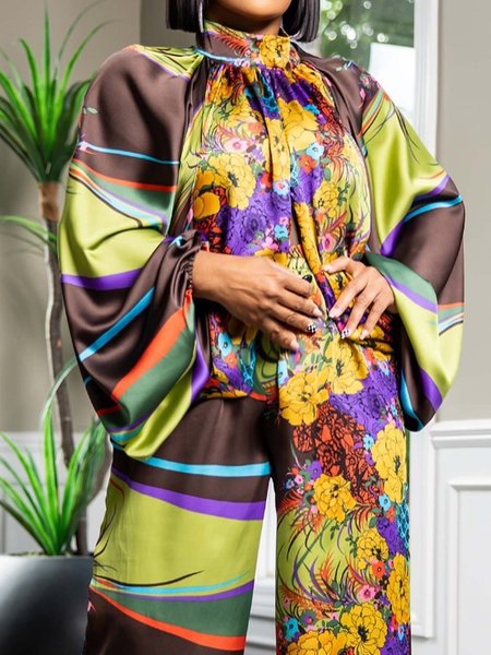Vacation Floral Printing Stand Collar Raglan Sleeve Blouse, As picture, Blouses and Shirts