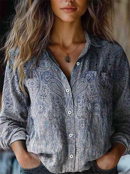 

Women's Retro Floral Totem Print Casual Long Sleeve Comfortable Cotton Shirt, As picture, Blouses