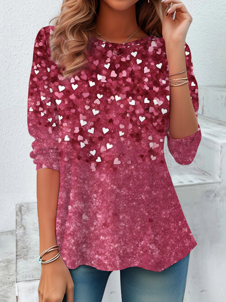 

Casual Heart/Cordate Crew Neck Long Sleeve T-shirt, Pink, Blouses