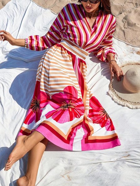 

Vacation Floral Balloon Sleeve V Neck Midi Dress, As picture, Maxi Dresses