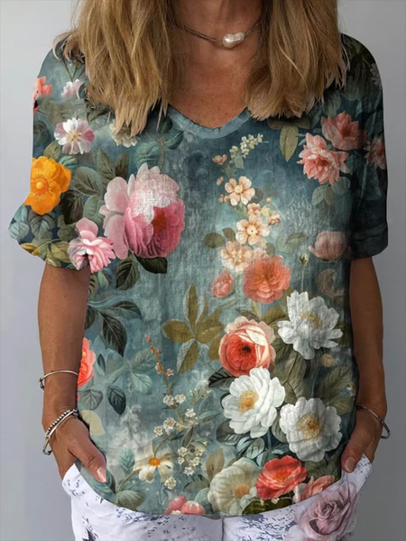 

Women's Spring Floral Casual Print Short Sleeve Blouse, As picture, Blouses