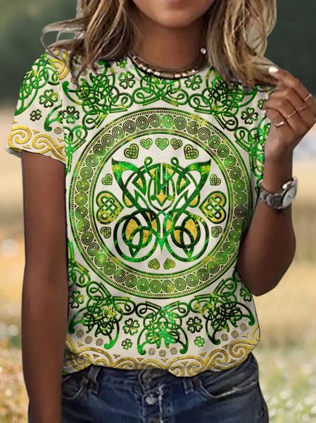 Casual Geometric Crew Neck Short Sleeve T-shirt, Green, T-shirts