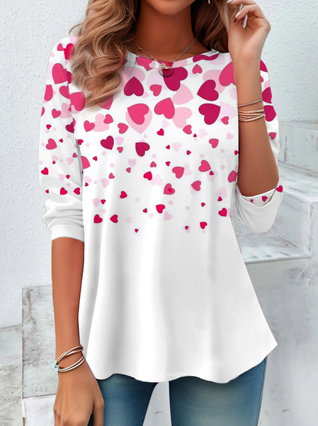 

Casual Heart/Cordate Crew Neck Long Sleeve T-shirt, White, Blouses