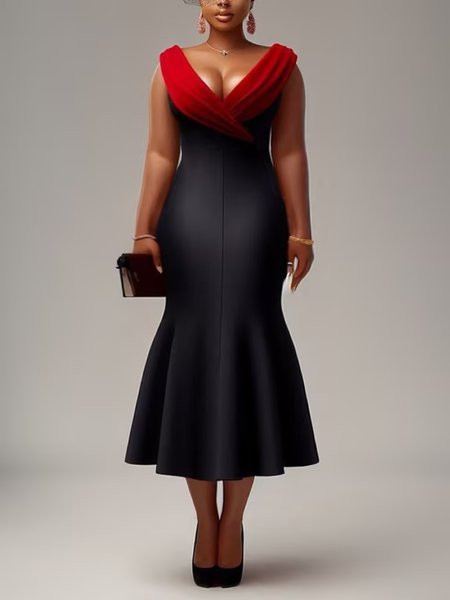 

Elegant Color Block Split Joint V Neck Maxi Dress, Black-red, Maxi Dresses