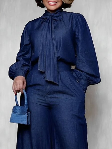 Urban Bow Stand Collar Balloon Sleeve Faux Denim Top, Blue, Blouses and Shirts
