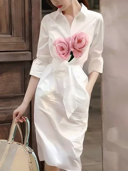 Elegant Floral Shirt Collar Midi Dress With Belt, White, Midi Dresses