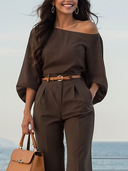 

Urban Plain Irregular Craftsmanship One Shoulder Balloon Sleeve Blouse, Brown, Blouses and Shirts