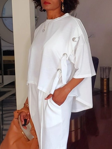 Casual Plain Irregular Craftsmanship Crew Neck Blouse, White, Blouses and Shirts