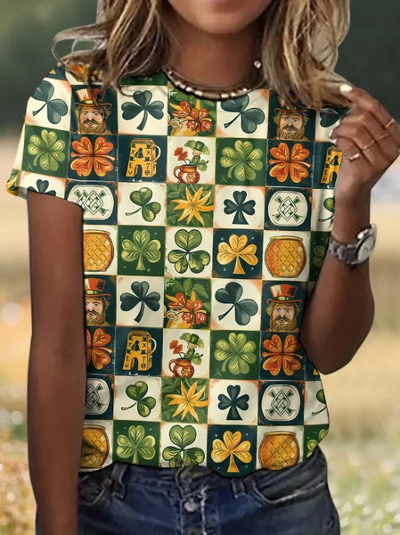 

Casual St. Patrick's Day Geometric Crew Neck Short Sleeve T-shirt, Khaki, T-shirts