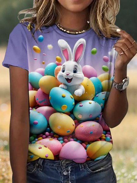 

Casual Easter Eggs Rabbit Animal Crew Neck Short Sleeve T-shirt, Light purple, T-shirts