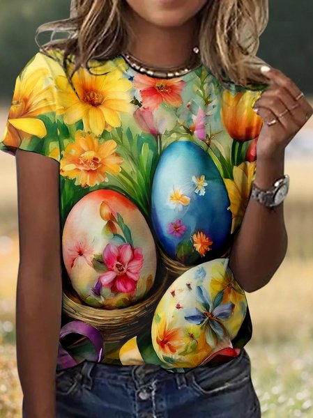 

Casual Easter Eggs Floral Crew Neck Short Sleeve T-shirt, Yellow, T-shirts