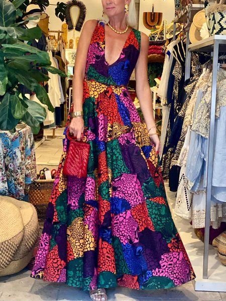 

Vacation Random Print V Neck Maxi Dress, As picture, Maxi Dresses