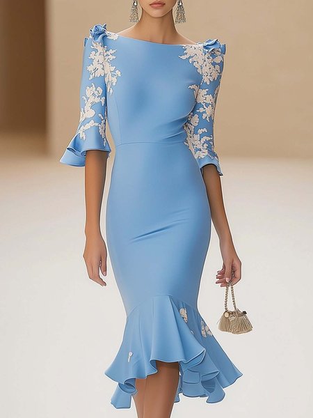 

Elegant Floral Printing Crew Neck Midi Party Dress, Blue, Midi Dresses