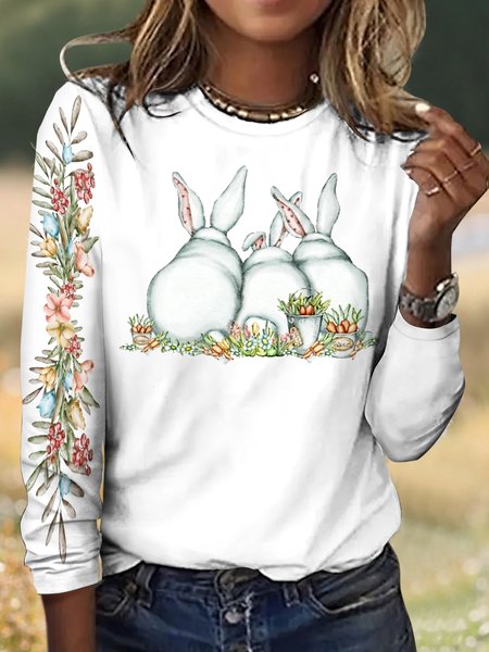 

Vintage Easter Rabbit Plaid Crew Neck Long Sleeve T-shirt, White, T-shirts