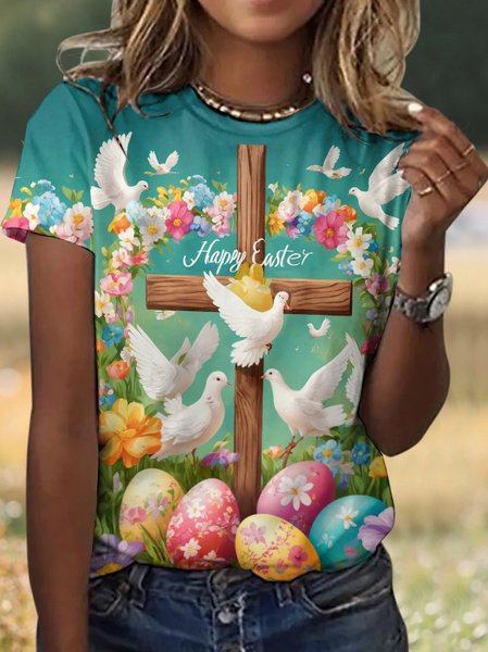 

Casual Easter Eggs Floral Crew Neck Short Sleeve T-shirt, Aqua blue, T-shirts
