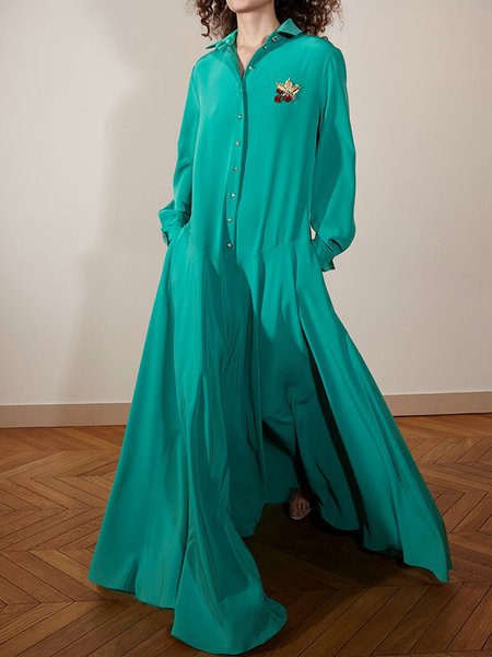 

Vacation Plain Loosen Maxi Shirt Dress With Brooch, As picture, Maxi Dresses