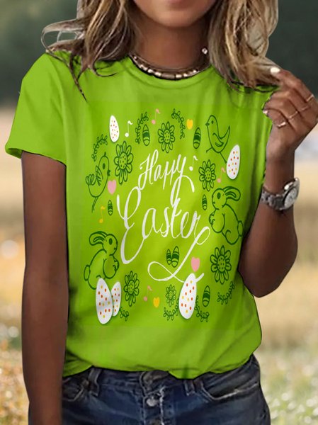 

Casual Easter Eggs Floral Crew Neck Short Sleeve T-shirt, Green, T-shirts