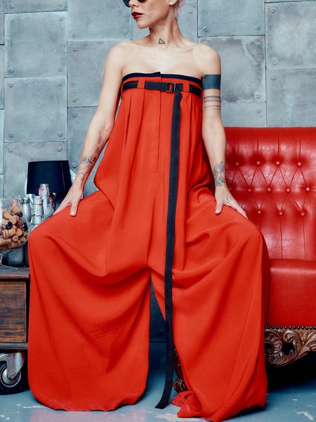 

Casual Color Block Strapless Tube Jumpsuit With Belt, Red, Jumpsuits