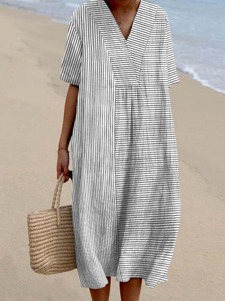 

Boho Striped Cotton-Blend V Neck Dress With No, As picture, Dresses