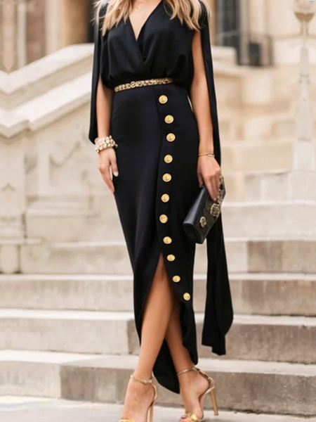 Elegant Plain Buttoned V Neck Maxi Dress No Belt, Black, Maxi Dresses