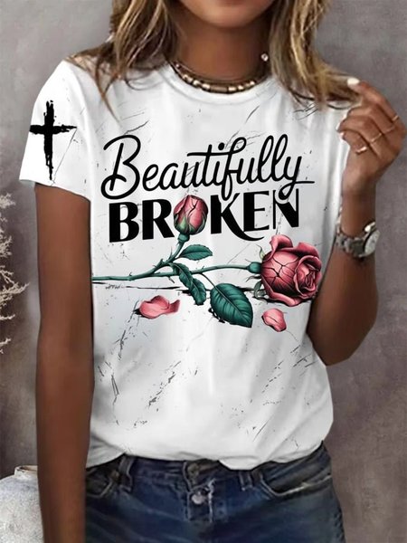 

Casual Floral Crew Neck Short Sleeve T-shirt, White, T-shirts