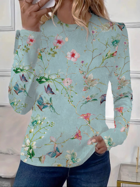 

Women's Long Sleeve Tee T-shirt Spring/Fall Floral Printing Crew Neck Casual Top, Green, T-Shirts
