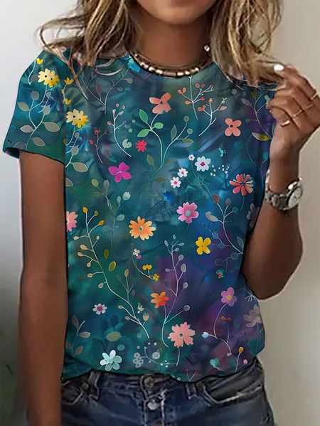 

Women's Art Floral Print Short Sleeve T-Shirt, As picture, T-shirts